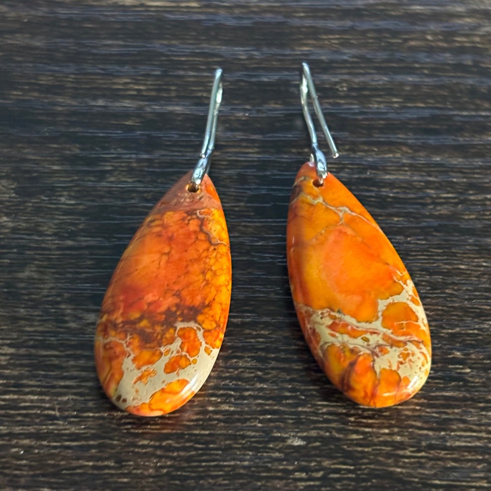 Orange Impression Jasper Teardrop Earrings Silver Tone French Wire Boho Dangle
